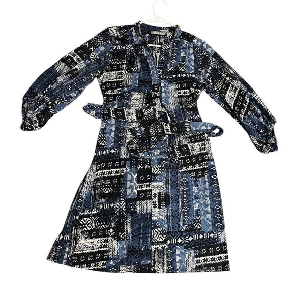 NY Collection Belted Shirt Dress | Size L | Blue & Black Patchwork Print - Picture 2 of 7